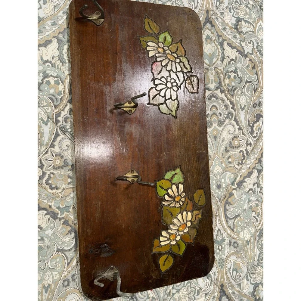 Vintage‎ Wood 4  Brass Hook Floral Hand Engraved Signed Wall Coat Rack Farmhouse